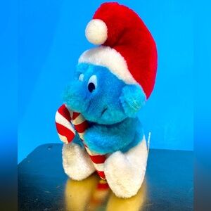 SMURF CHRISTMAS SANTA VTG 1982 PLUSH HOLDING CANDY CANE PEYO WALLACE BERRIE 6”